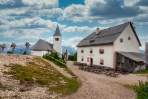 Heilig Kreuz Hospiz refuge and pilgrimage church at the foot of the Heiligkreuzkofel, Hochabtei / Alta Badia, Bolzano province, South Tyrol, Italy, Europe Heilig Kreuz Hospiz refuge and pilgrimage church at the foot of the Heiligkreuzkofel, Hochabtei / Alta Badia, Bolzano province, South Tyrol, Italy, Europe